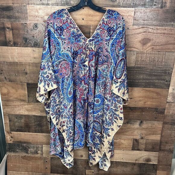 Poema Kimono Robe Duster Blue Red Black Cream Paisley Print Women OS - Picture 10 of 11